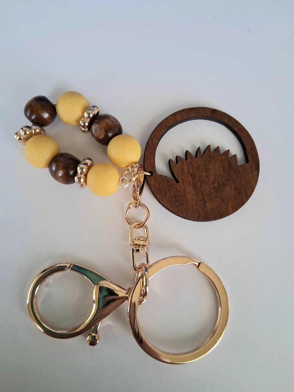 Sunflower Wood Keychain with Yellow Bead Charm